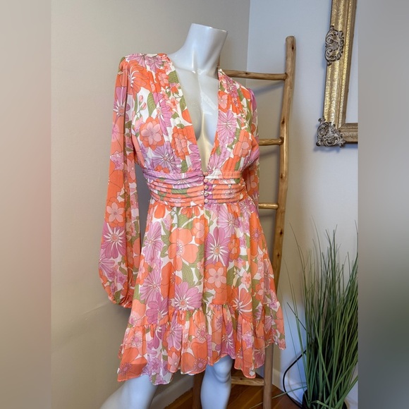 VICI Collection Floral Long Sleeve Chiffon Babydoll Dress Medium Retro Look - Picture 6 of 11